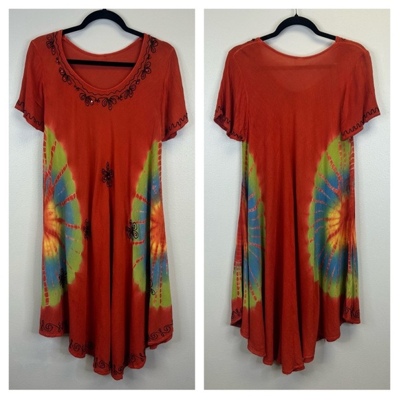 Dresses & Skirts - Vintage 90s Women's One Size Tie-Dye Bohemian Dress Dark Orange Hippie Festival